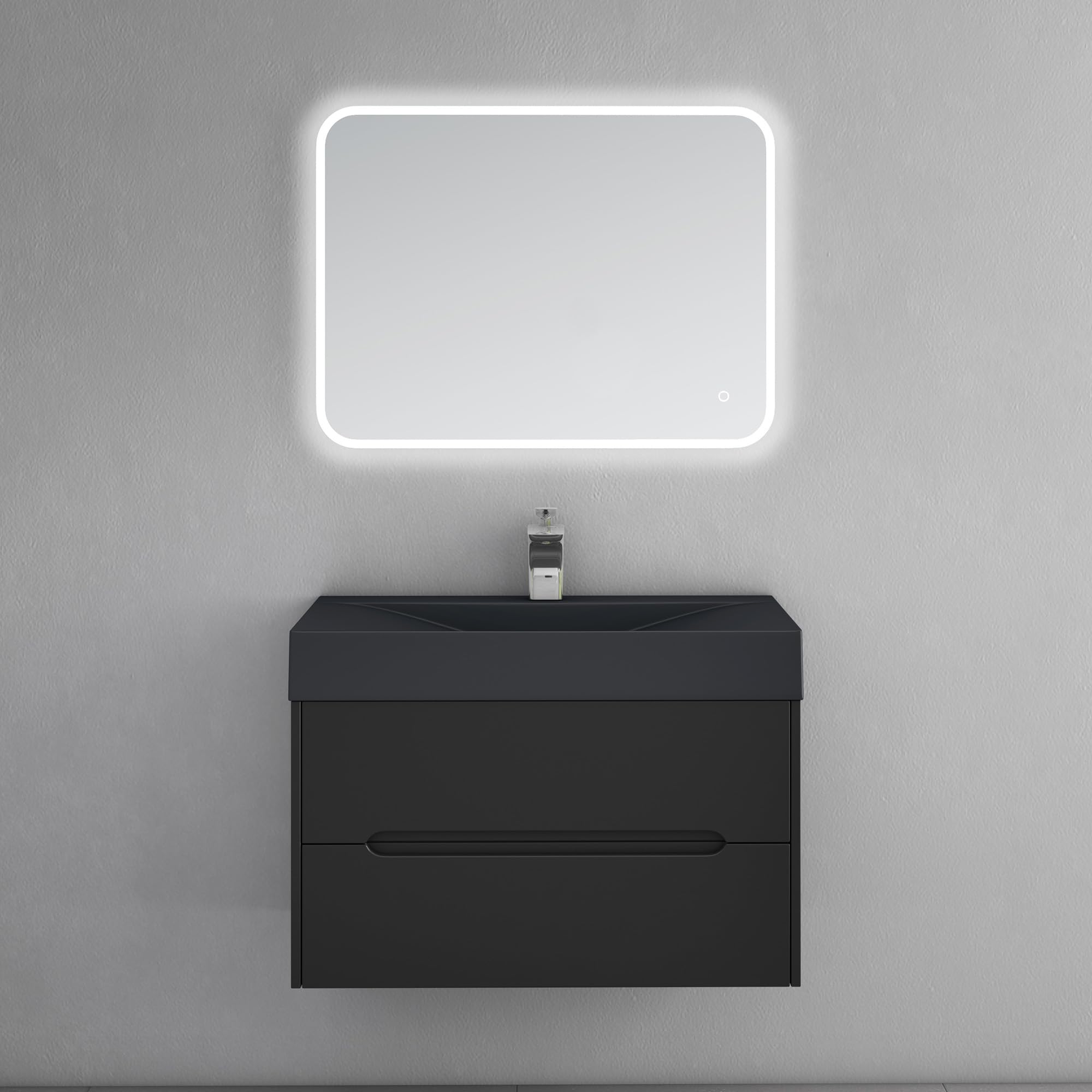 doporro Mobile Bagno Sospeso 80 cm con Lavabo in Marmoresina e Specchio LED – Finitura Nero Opaco, Cassetti a Chiusura Rallentata, Serie Yoga