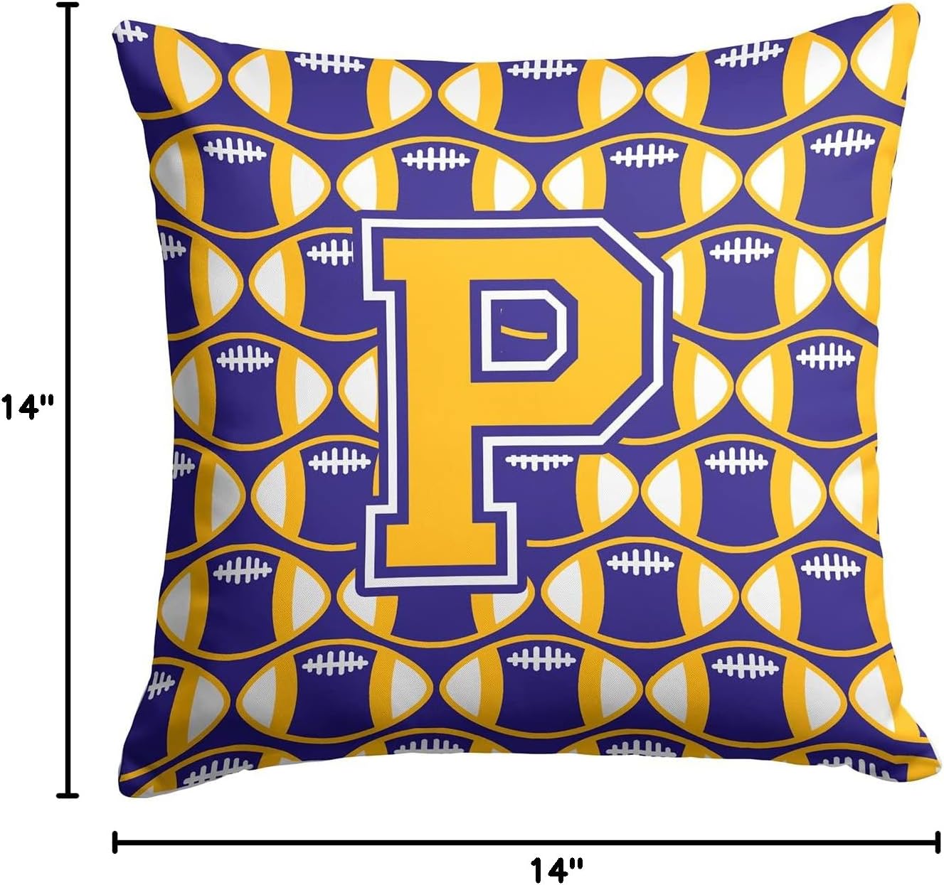 Caroline's Treasures CJ1064-PPW1414 Letter P Football Purple and Gold Fabric Decorative Pillow Machine Washable, Indoor Outdoor Decorative Pillow for Couch, Bed or Patio, 14Hx14W