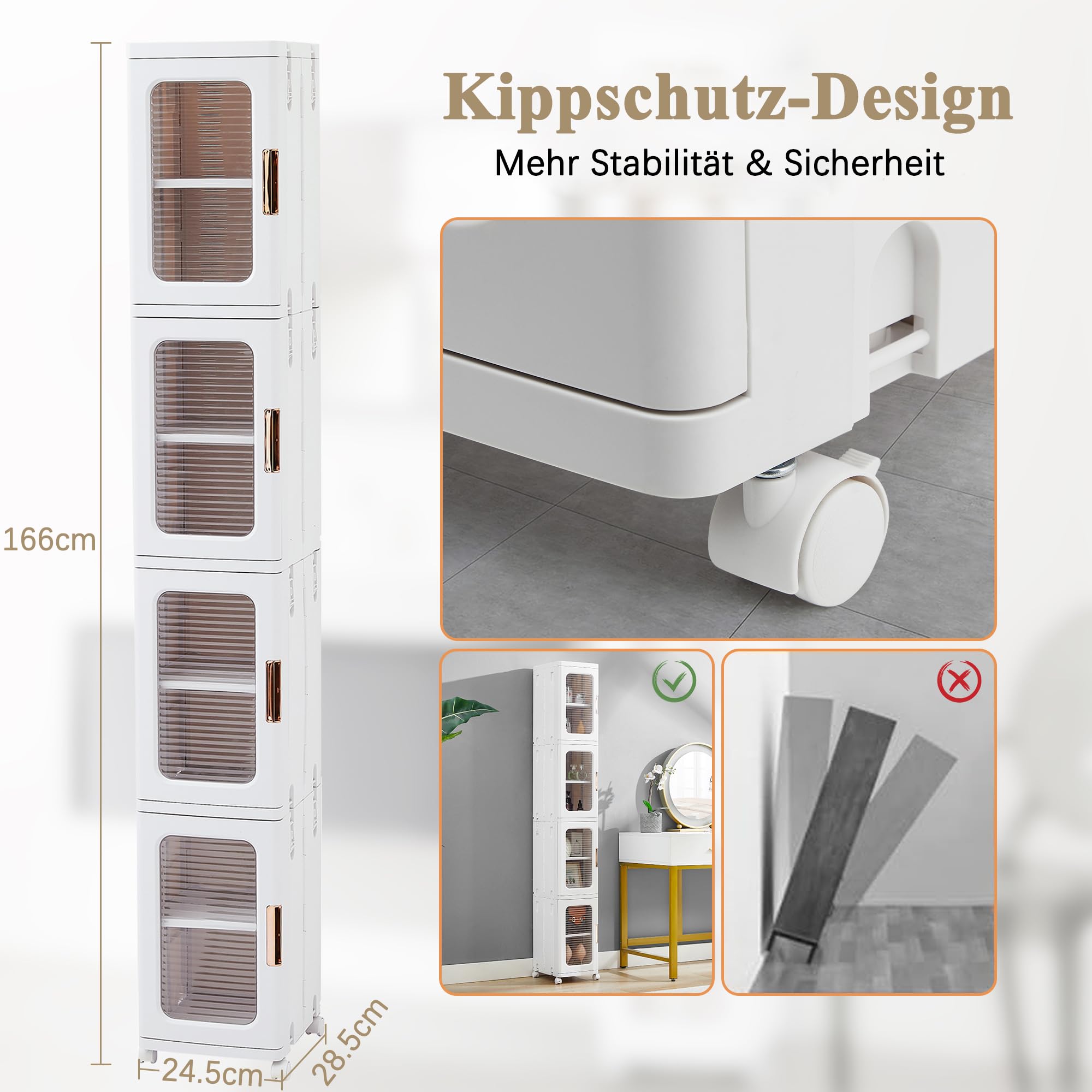VECELO Schmaler Badezimmerschrank 24 cm, Kunststoff Aufbewahrungsschrank mit transparenter Tür, Rollen und verstellbaren Einlegeböden, platzsparender Organizer für Bad, Küche, 24 x 28 x 166 cm