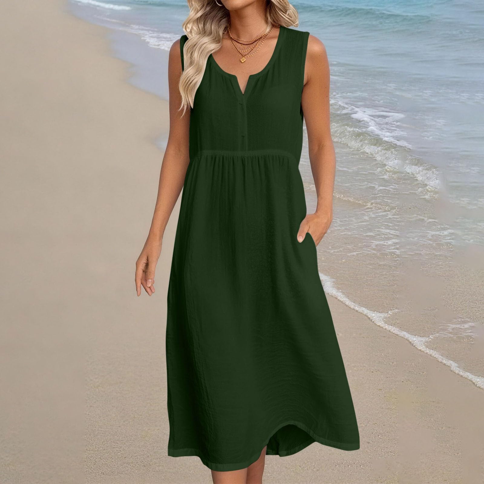 Frostluinai Womens Cotton Linen Midi Dresses Sleeveless Crewneck Empire Waist Loose Comfy Beach Casual Sundress - 3