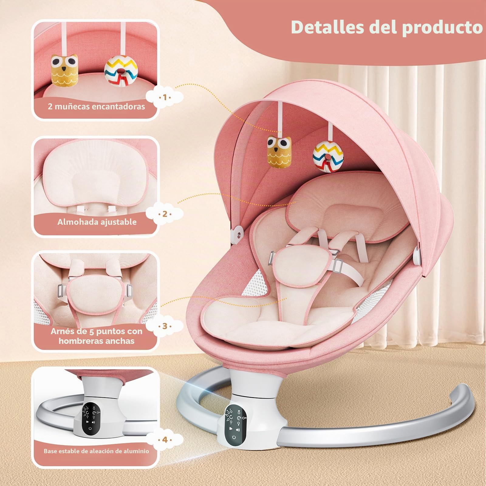 Hamaca Bebé Mecedora Electrica Bebe Hamacas Bebes con Movimiento con mando a distancia y sin balanzas con mando a distancia y conexión inalámbrica para niños de hasta 9 kg con 5 puntos