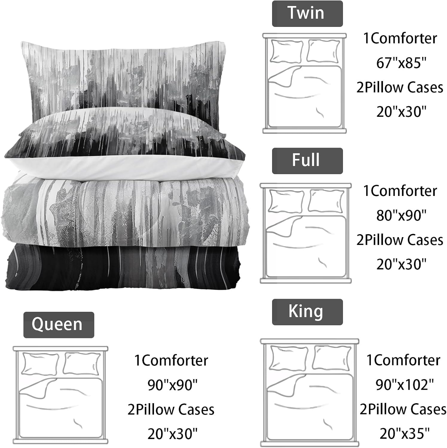 Grey Black White Gradient Print Comforter Set King Size,Abstract Art Bedding Set,Patchwork Printed Quilted Set for Teens Adult,with 1 Comforter and 2 Pillow Case - Image 7