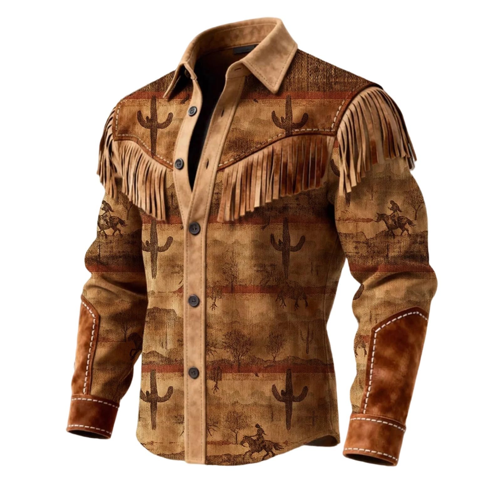 Caxndycing Cowboy Outfit Men's Western Cowboy Shirts Suede Colourful Fringe Jacket Long Sleeve Button Down Long Sleeve Work Shirts Fringe Shirt Hippie Jacket Cowgirl Outfits, brown, M
