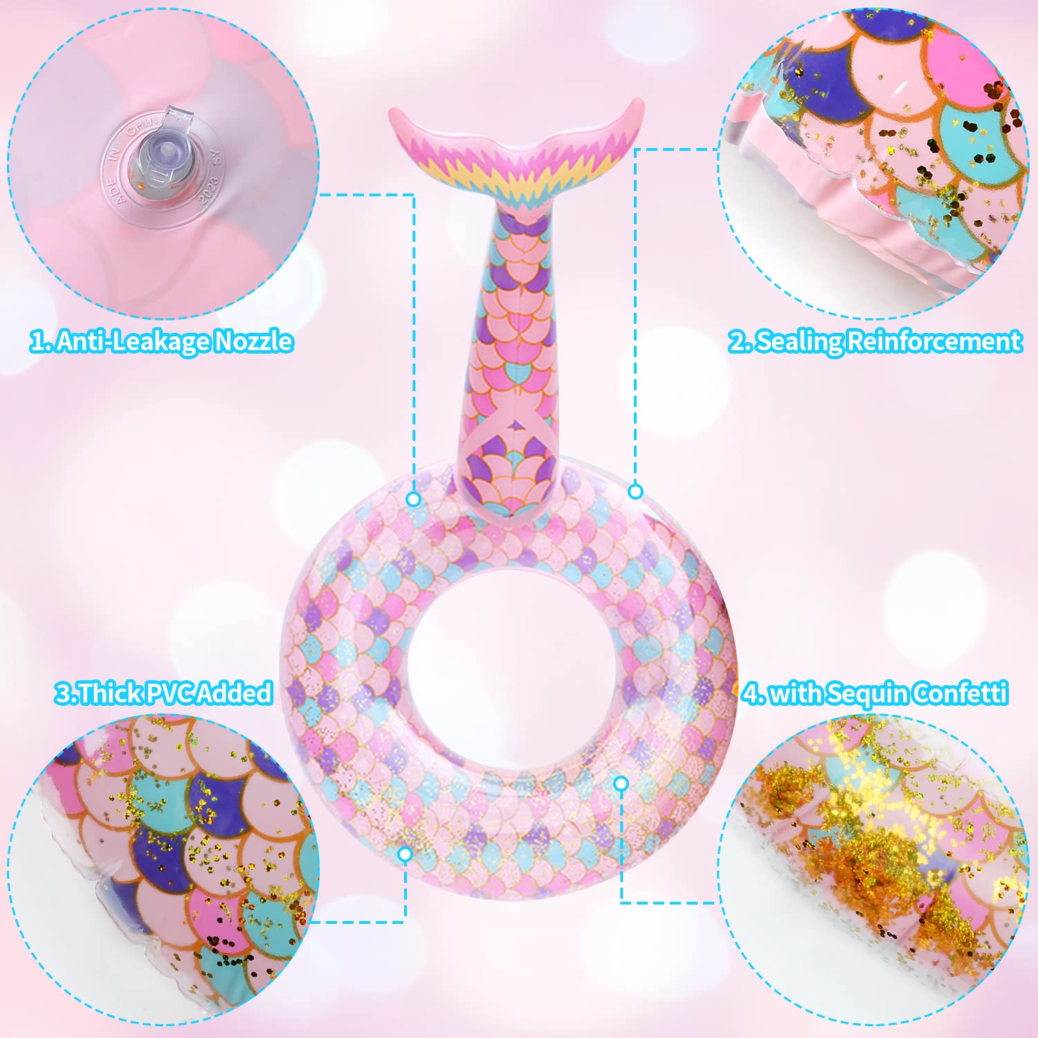 Salvagente Gonfiabile Adulti A Forma Di Sirena - Con Impugnature E Paillettes Stellate, Ciambella Da Nuoto - Foto 9