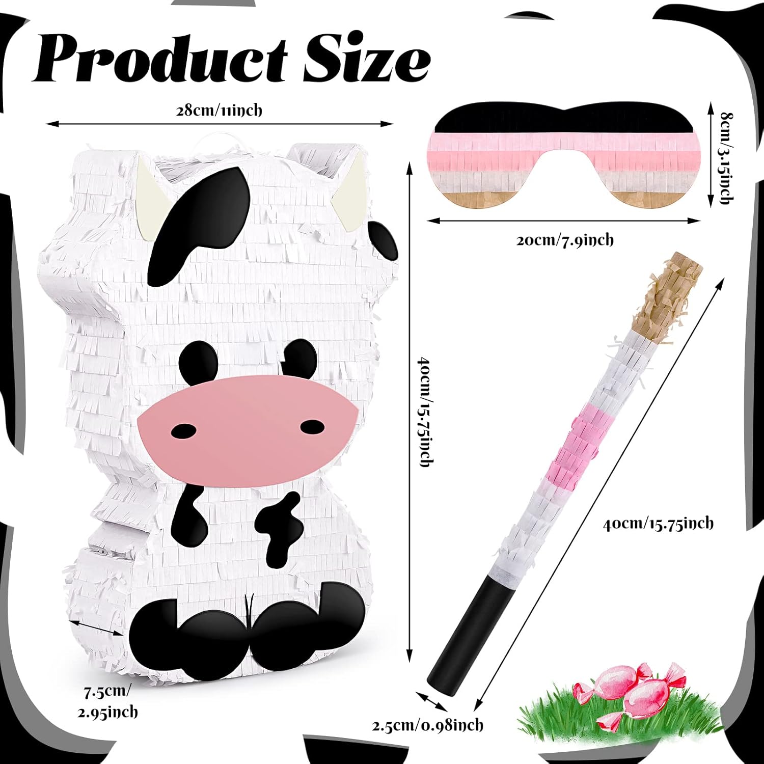 3 Pcs Cow Piñata Farm Birthday Party Favors Decorations Supplies Include Large Piñata, Stick, Paper Blindfolds for Barnyard Theme Country Outdoor Party Games(Cow)