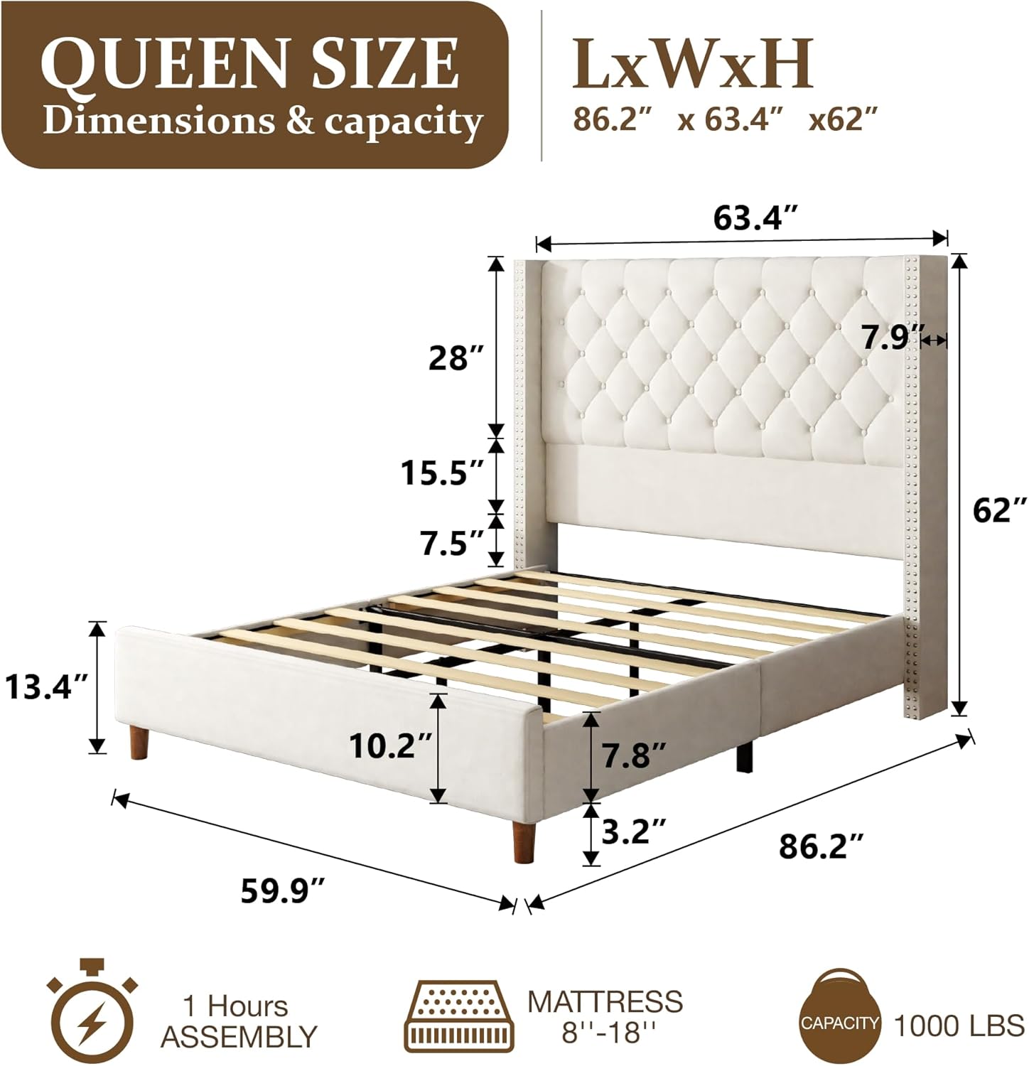 Queen Size Bed Frame Upholstered Platform Bed, 62" Tall Wingback Headboard with Vintage Rivets & Diamond Button Tufting, No Box Spring Needed, Easy Assembly, Beige