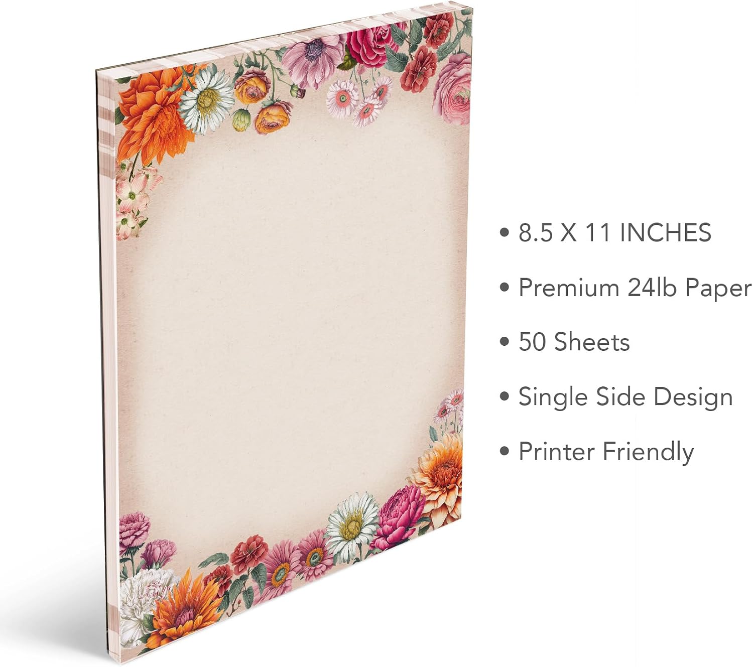 Flower Paper Stationery, Vintage Floral Letterhead Paper 8.5 x 11 Inches, 50 Sheets, Elegant Writing Paper, Pretty Stationary Paper, Decorative Printer Paper Set image 2