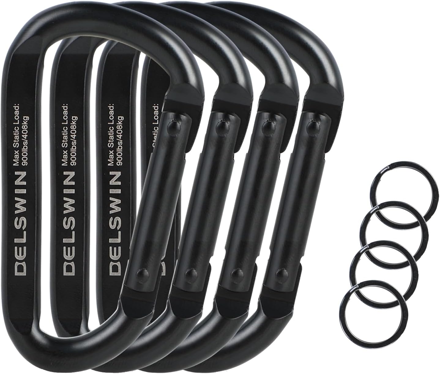 DELSWIN Heavy Duty Black Carabiner Clip - 900lbs, 3" Carabiners D Shaped Spring Hooks for Hammocks, Camping, Hiking, Dog Leash, Keychain, Outdoors and Gym (with 4pcs keyrings)