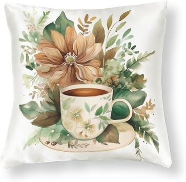 16"x16" Decorative Soft and Luxurious Cushion Cover Coffee Boho Floral Green Brown Watercolor Satin Square Throw Pillow Covers Coffee Theme Pillows for Couch Couch Pillows for Iiving Room