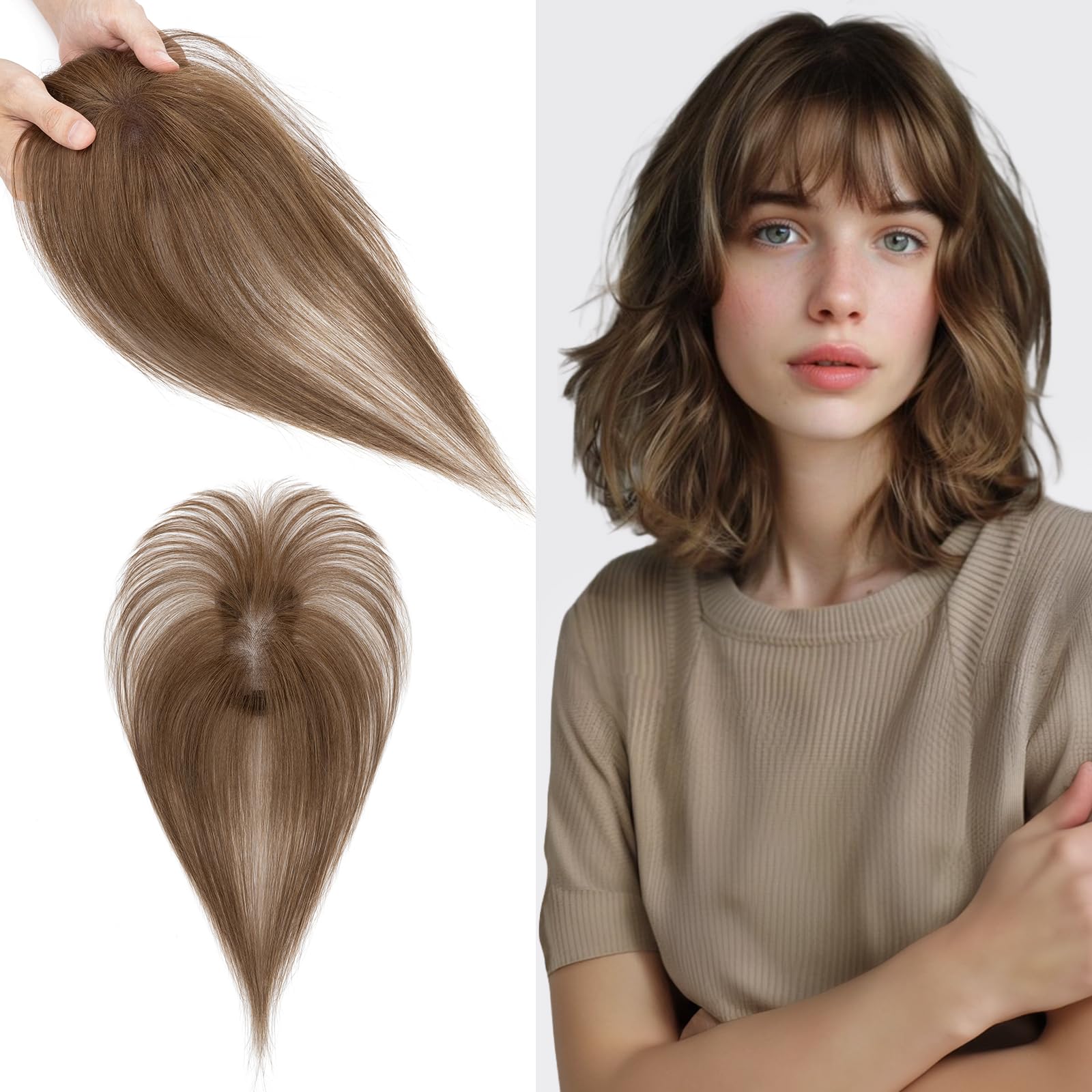S-noilite Hair Toppers for Women Human Hair with Air Bangs - 7x11cm Hand-stitched Base 360° 3D Coverage Natural 14g (Medium Brown #4)