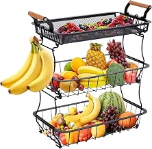 Fruit Basket, Spacious Display, bac de rangement de fruits, 3 niveaux avec rack accrochant, support en métal robuste, design élégant de ferme pour sna