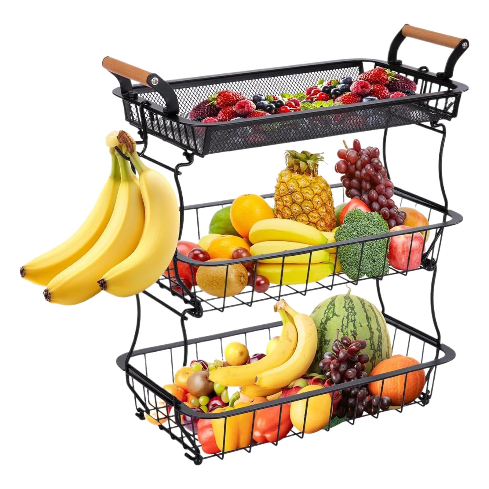 Fruit Basket, Spacious Display, bac de rangement de fruits, 3 niveaux avec rack accrochant, support en métal robuste, design élégant de ferme pour snack et végétal à la maison