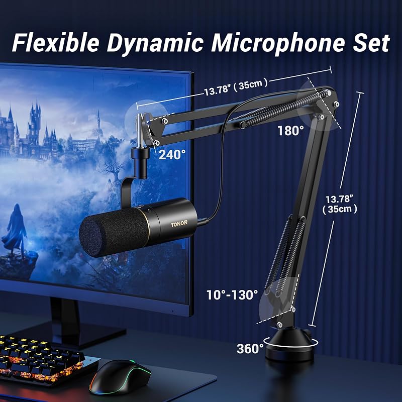 Microfon dinamic USB/XLR TONOR pentru PC cu stativ de microfon - Microfon de gaming cu buton de mut, compatibil PS4/PS5 pentru podcasting, streaming și studio