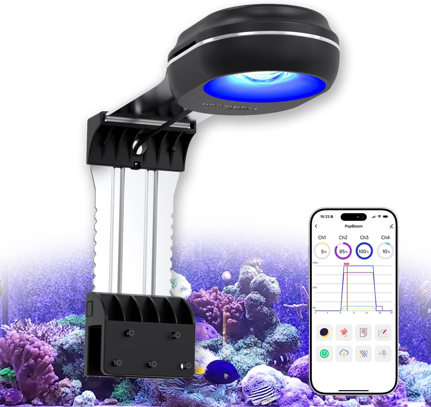 PopBloom RL60 Full Spectrum Reef Light, 60W WiFi Marine Reef LED Aquarium Light Saltwater Aquarium Fish Tank Lamp, APP Fully Programmable, Sunrise Sunset (60W WiFi Black)