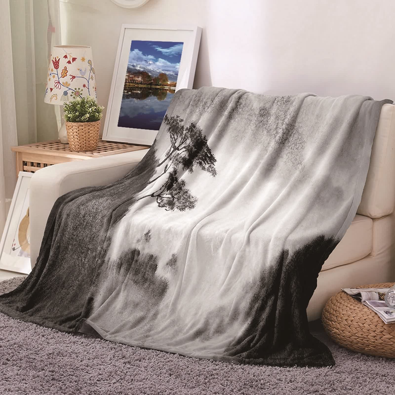 Couverture polaire KnSam pour lit et canapé motif montagne 100x150