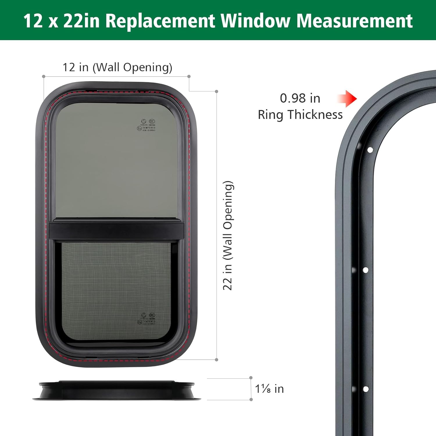 dulepax vertical rv window, 12" w x 22" h tinted slide trailer window, tempered glass camper window replacement with net screen and trim ring, dot approved vertical 12"x22"
