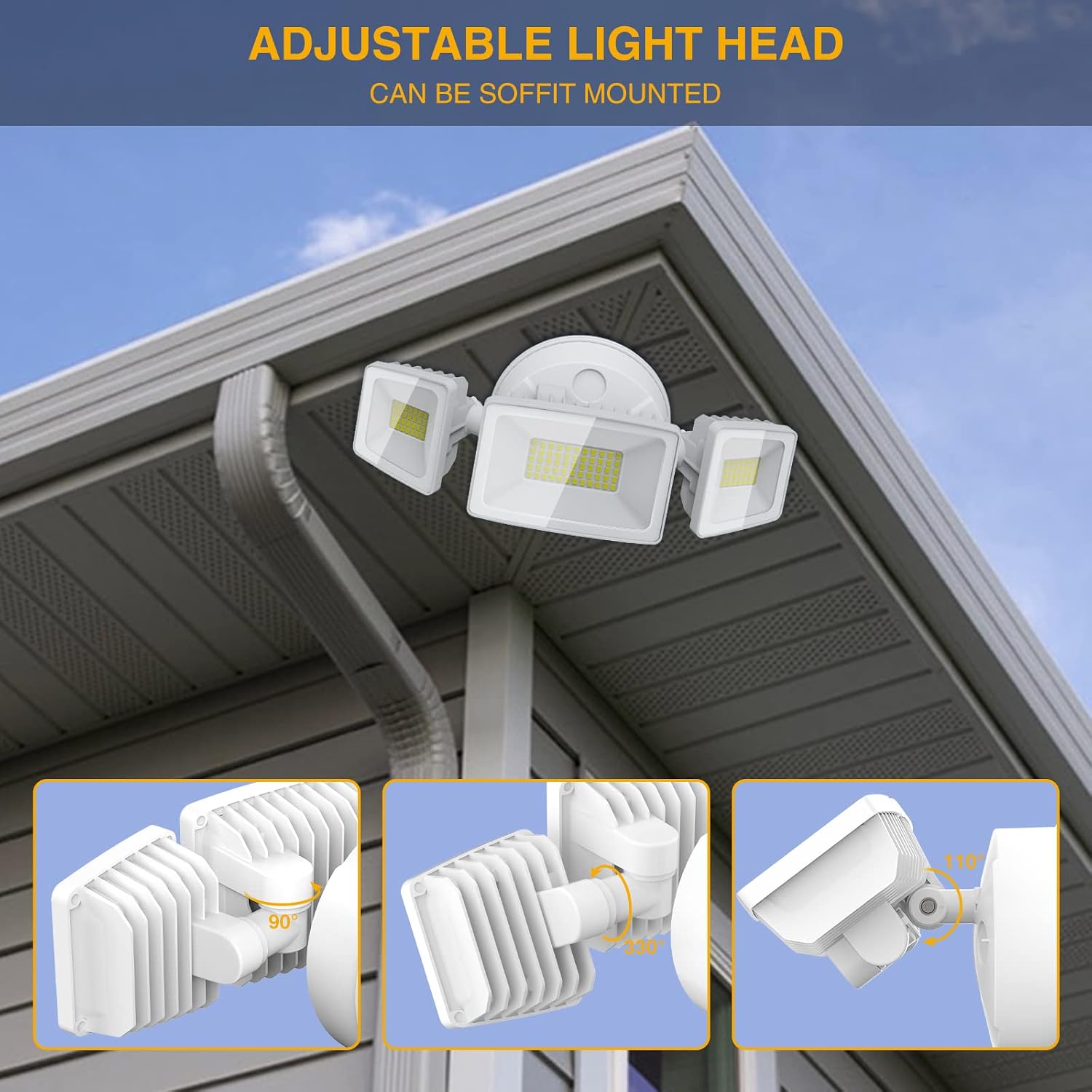 Onforu 2 Pack 55W LED Flood Light Outdoor, 5500LM LED Security Light Fixture with 3 Adjustable Heads, IP65 Waterproof, 6500K Outside Floodlight, Exterior Wall Mount Light for Eave Garden Porch