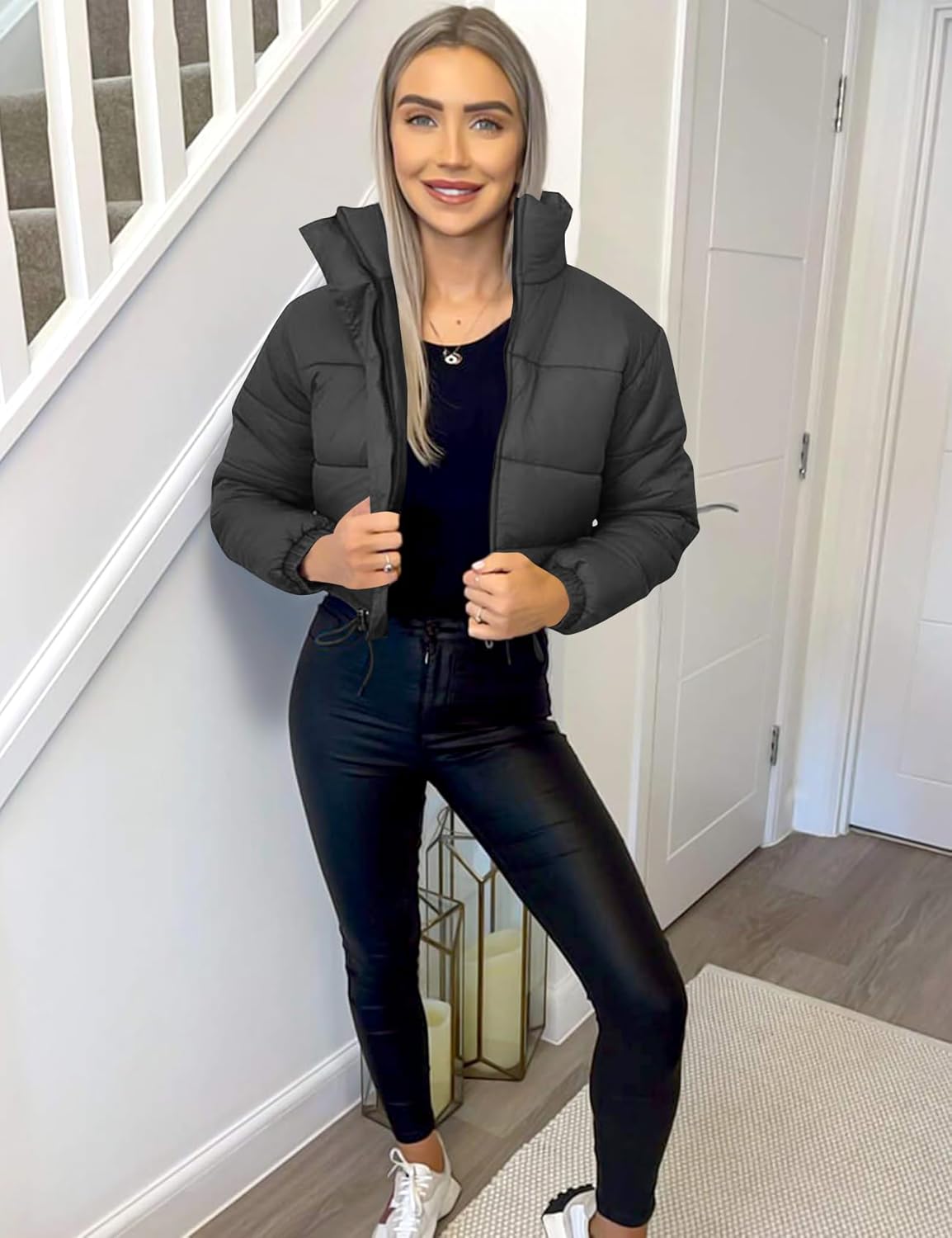 Flygo Women Cropped Puffer Jacket Winter Long Sleeve Quilted Puffy Bubble Padded Short Coats with Drawstring - Image 3