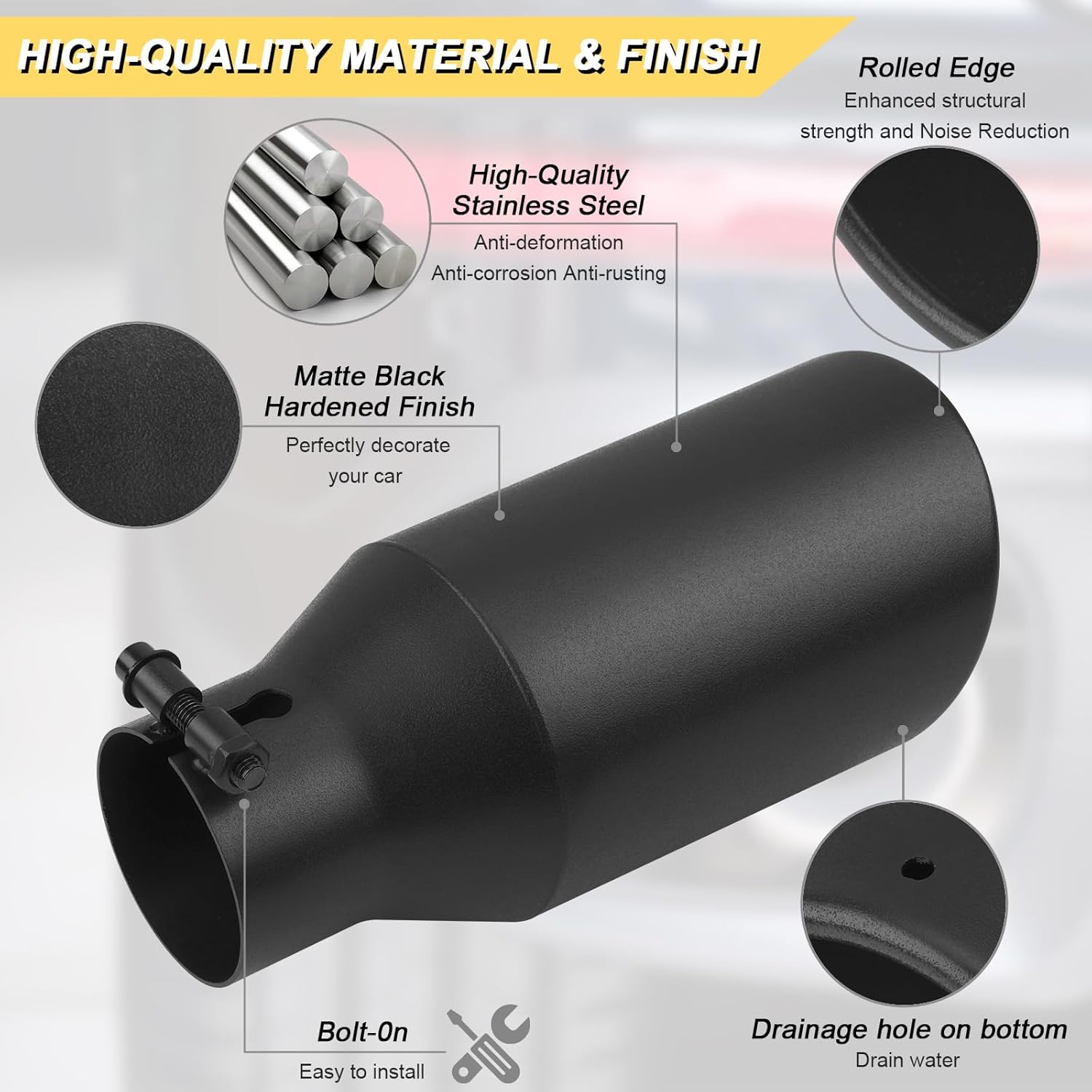 2.5 inch Inlet Exhaust Tip, 4" Outlet 9" Overall Length Stainless Steel Exhaust Tail Pipe, Bolt-On, Rolled Edge, Black (Fit for Tailpipe Outlet is 2.5", must OD not the ID)