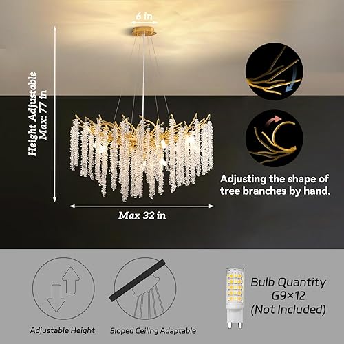 Miniatura 3 de Moderno candelabro de cristal con ramas de árbol, de 32 pulgadas, 12 luces doradas redondas de lluvia para interiores, lámpara colgante para cocina,