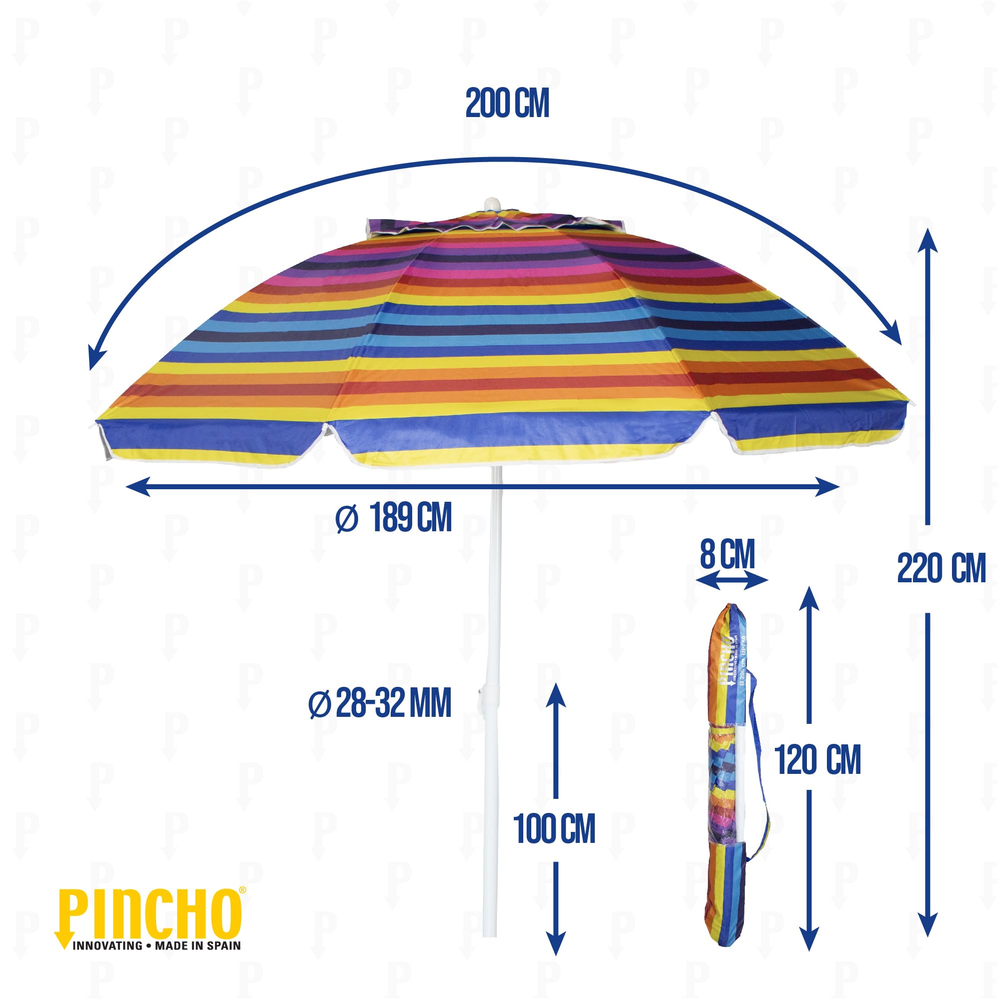 Pincho Parasol de plage à rayures multicolores 200 cm Support inclus, protection UV50+, inclinable et hauteur réglable, 8 baleines en fibre de verre, tube métallique résistant au vent