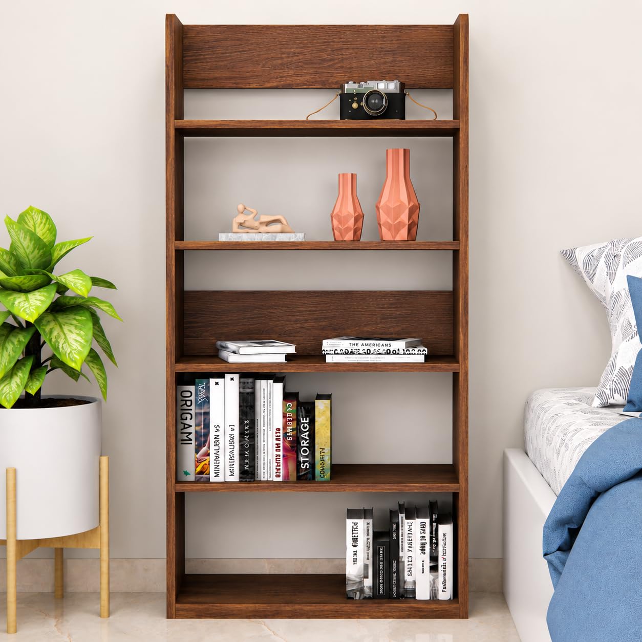 ECOLINE Premium 5-Tier Wooden Book Shelf | Engineered Wood Storage Rack Unit | Modern Open Display Bookcase for Home, Office & Study Room | Space-Saving Design | Easy Assembly