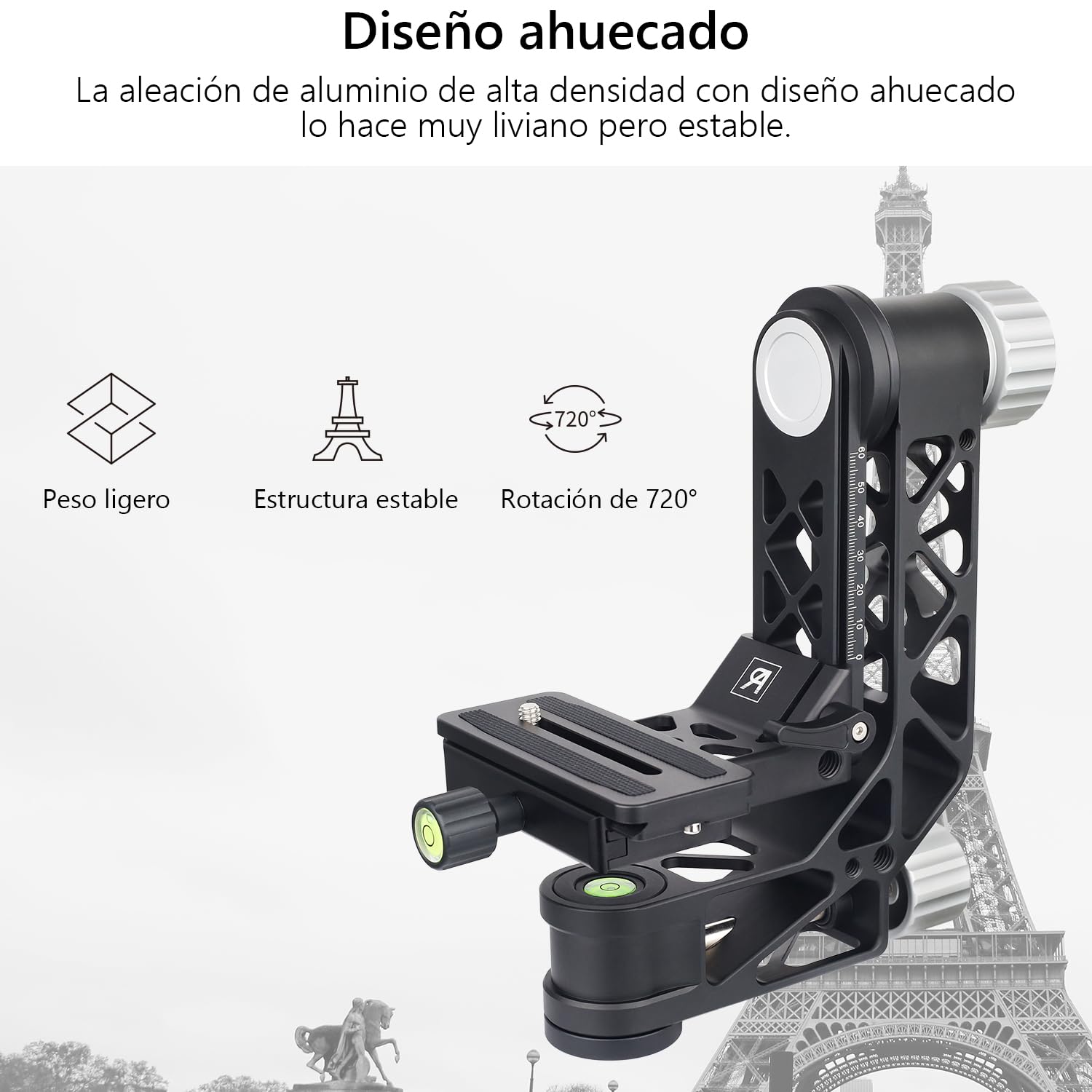 ARTCISE Cabezal de Trípode Gimbal con Mango, GH7 Cabezal Portátil Ligero y Resistente con Placa de Liberación Rápida Estándar 1/4'' y Nivel de Burbuja para Trípode de Cámara DLSR, Carga Máxima 25KG