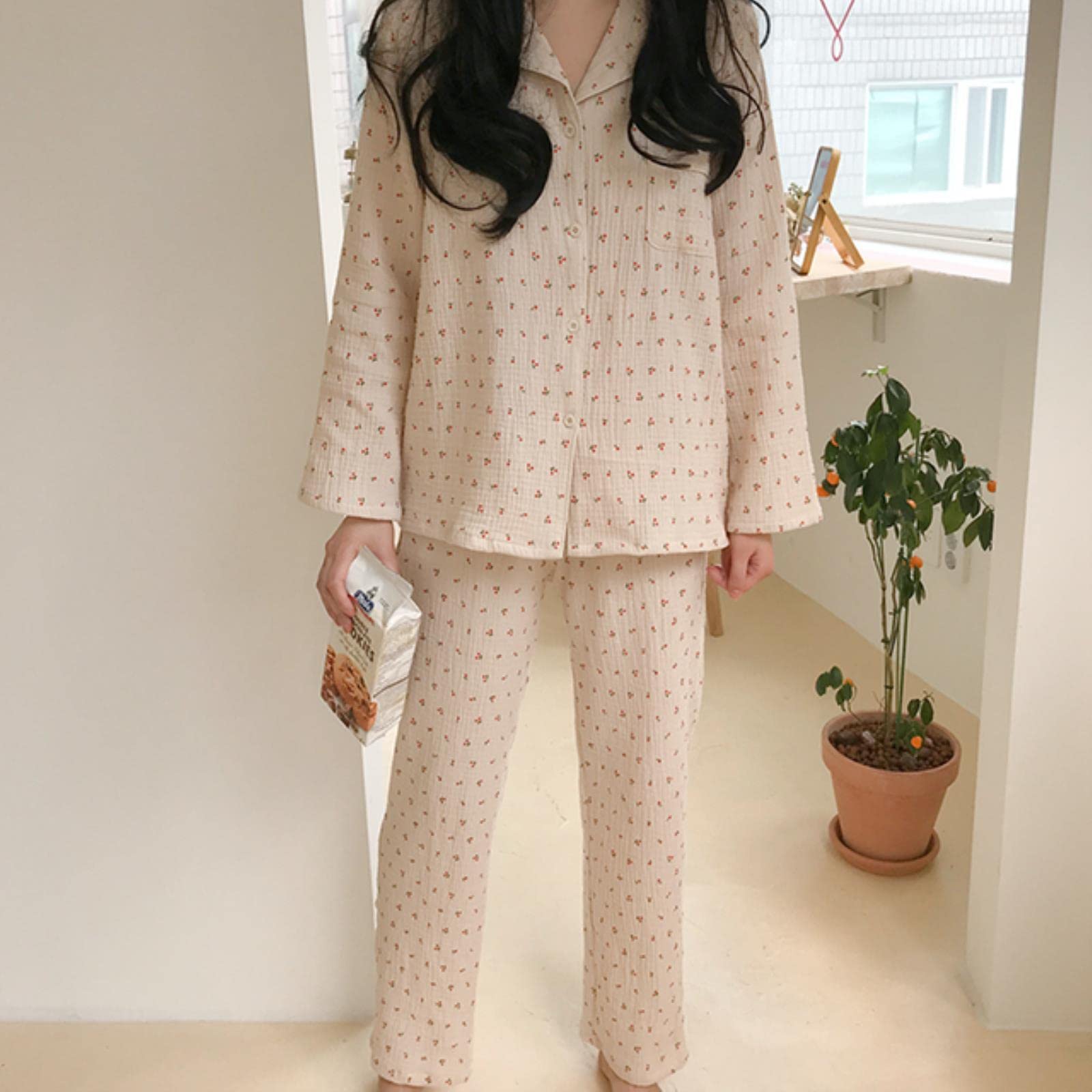 Pigiama Donna Set di Abbigliamento da Sonno in Lino di Cotone Dolce Simpatica Carina Ciliegia Pigiama Vintage Kawaii Tascabile Tascabile Camicia da Casa+Bottone Pantaloni