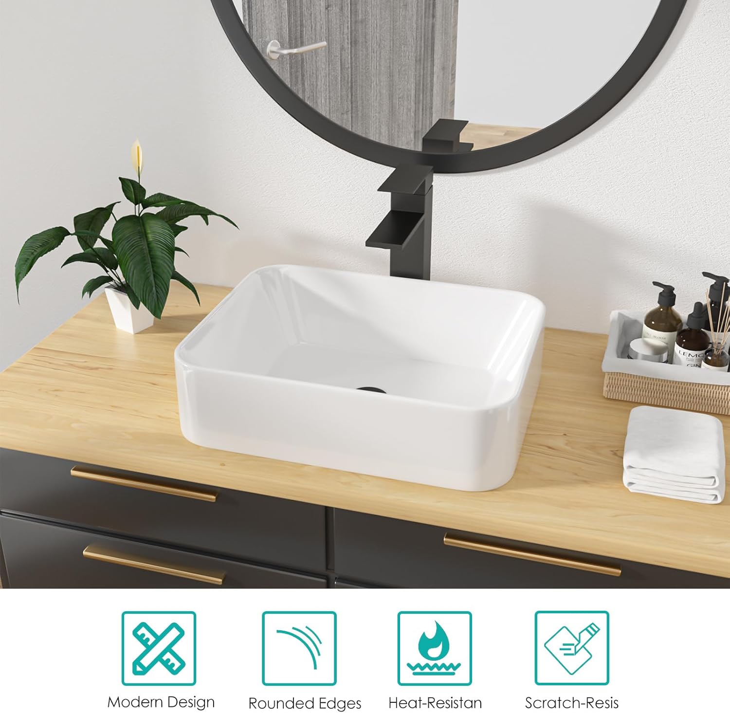 Kichae Bathroom Vessel Sink Rectangle - 19x15 Inch White Modern Bathroom Sinks Rectangular Above Counter Porcelain Ceramic Vessel Vanity Sink Art Basin