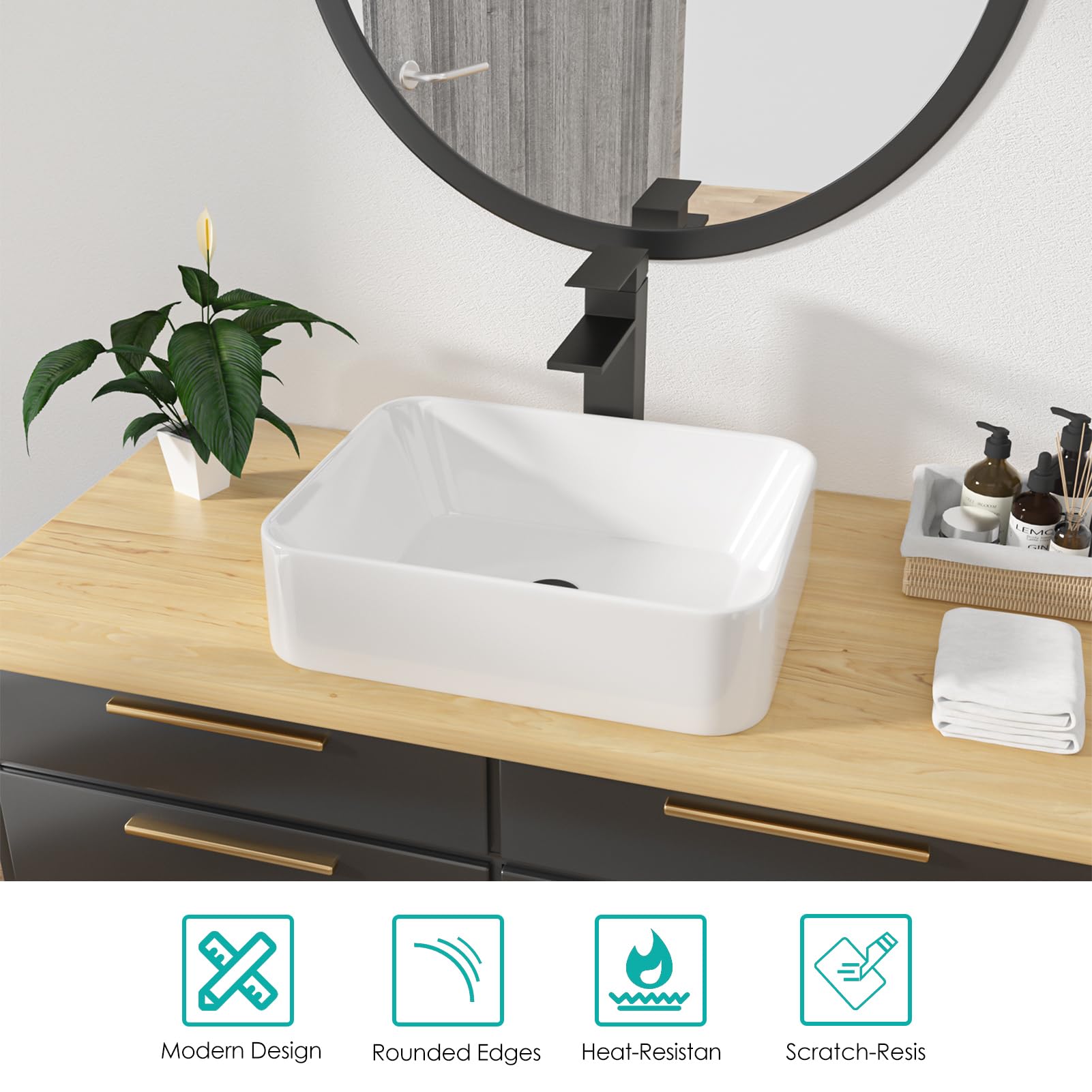 Kichae - Lavandino da bagno rettangolare – 48 x 38 cm moderno bianco lavabo da bagno rettangolare sopra il bancone porcellana bianca vaso in ceramica lavabo lavabo artistico