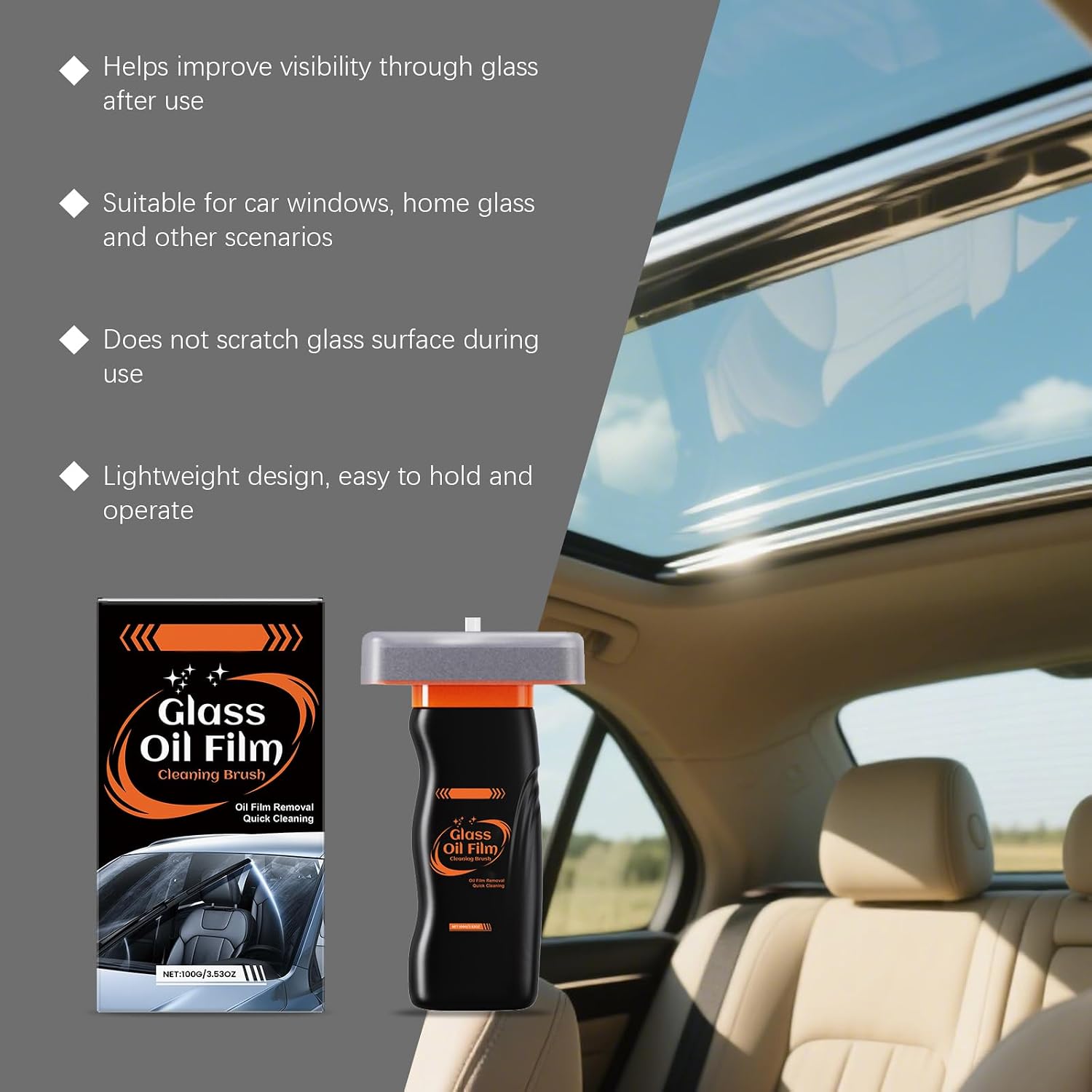 3 Pack Glass Oil Film Remover for Car Windshield-300g, Roll-On Glass Cleaning Compound with Cleaning Board, Removes Smudges & Residue, Restores Clear Visibility (3 Pack)