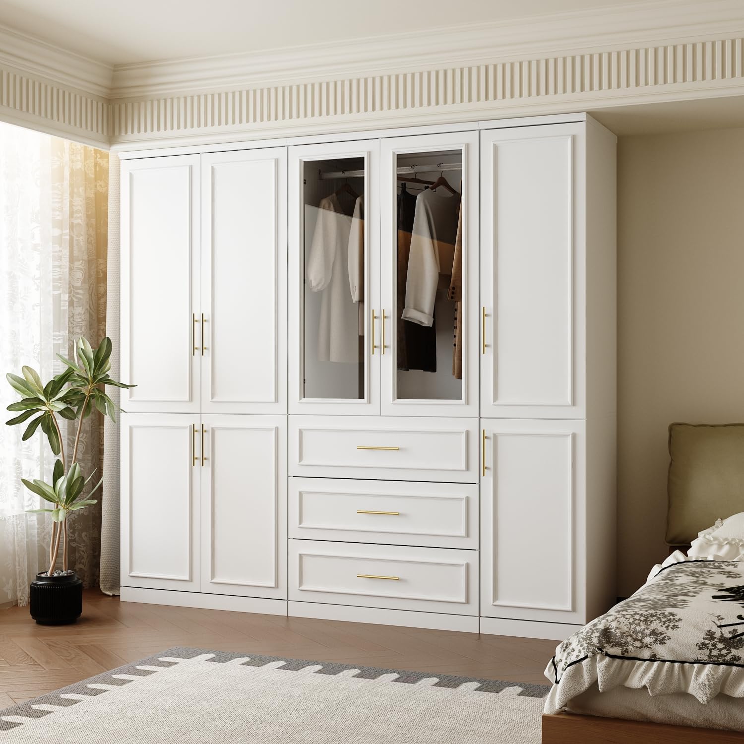 FUFU&GAGA Wardrobe Closet Collection with Doors, Modern White Bedroom Armoire System with Gold Handles, Modern Clothes Storage Cabinet with Drawers, Shelves, Hanging Rods, 79.1”W x 19.3”D x 74.8”H