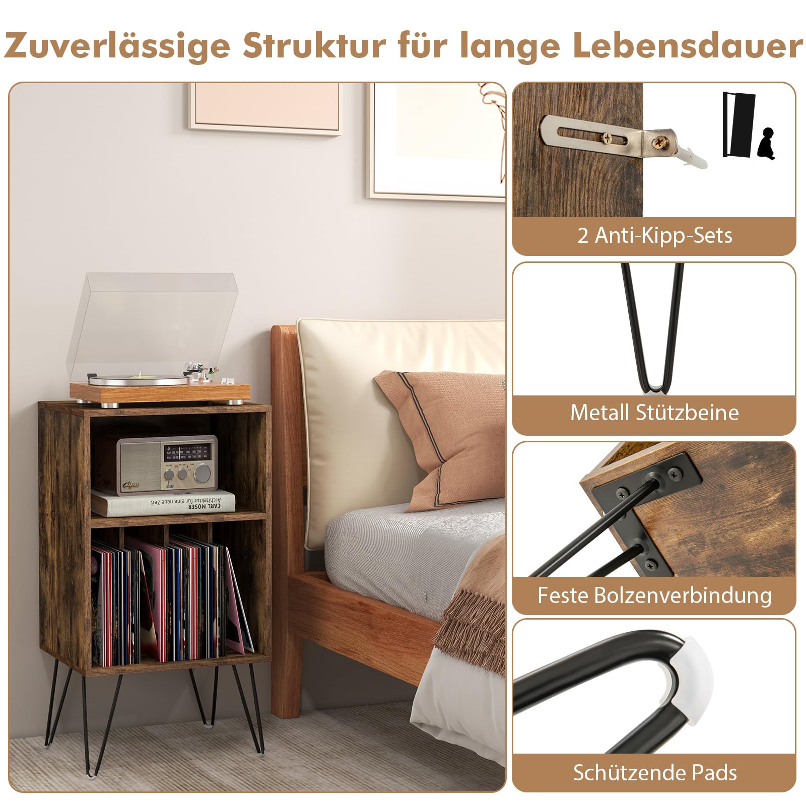 COSTWAY Plattenspieler-Ständer mit Ladestation, 3-stufiger Schallplattenständer, Vinylplatten Aufbewahrungstisch mit Regal & 4 Trennwänden für Wohnzimmer 48 x 40 x 88 cm (Industriell)