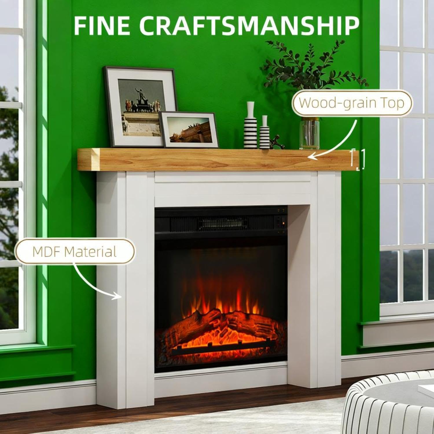 Fireplace Mantel, Freestanding Fireplace Surround with Leg for Electric Fireplaces White Modern Minimalist Design Electric Fireplace Decor Modern Elegance