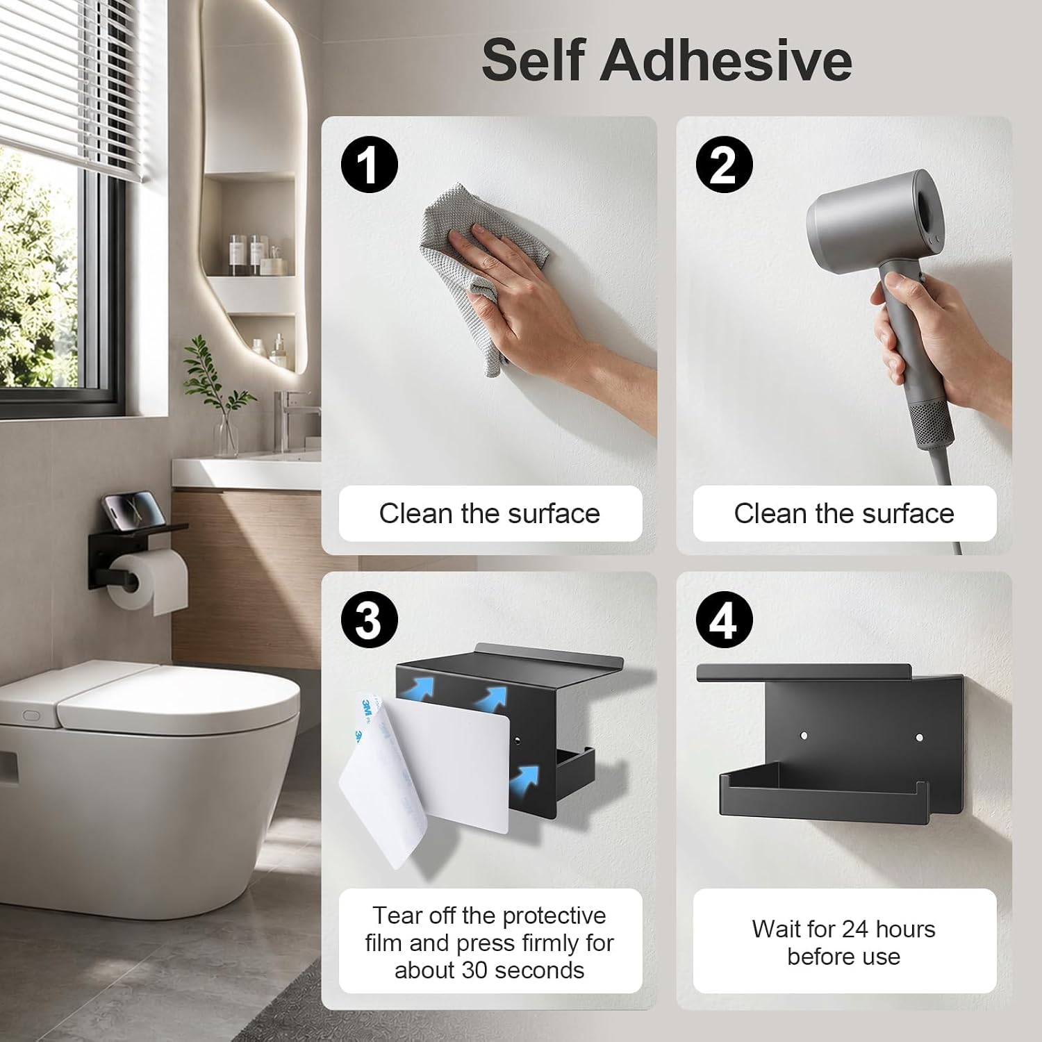 Matte Black Toilet Paper Holder with Shelf | No-Drill Adhesive Wall Mount, Rustproof，For Bathroom, Washroom, RV, Kitchen, Washroom, Convenient Storage Shelf thumbnail