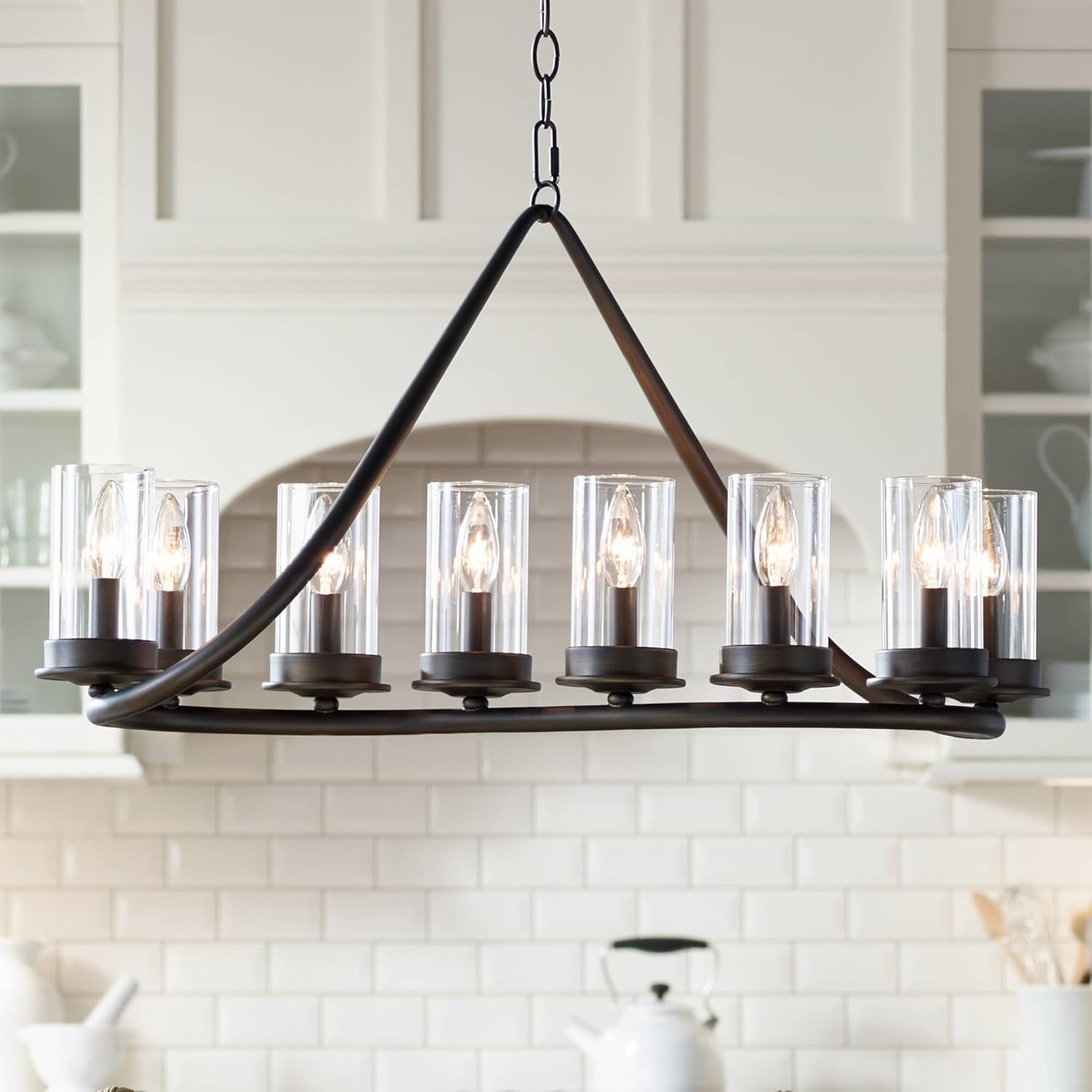 Franklin Iron Works Black Linear Pendant Light - 10 Light, Clear Glass Shade, Heritage Bronze Modern Farmhouse Pendant Light for Kitchen Islands, Dining Rooms, and Living Rooms - 44" Wide, 23" High