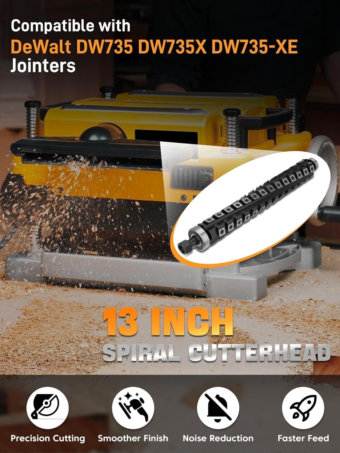 Upgrade 13 Inch Spiral Helical Cutterhead Compatible with DW735 DW735X Thickness Planers, Cutter Head with 4 Rows 56 Carbide Inserts, Pre-Installed Bearing, 4 Spare Carbide Blades, Screws & T Wrench