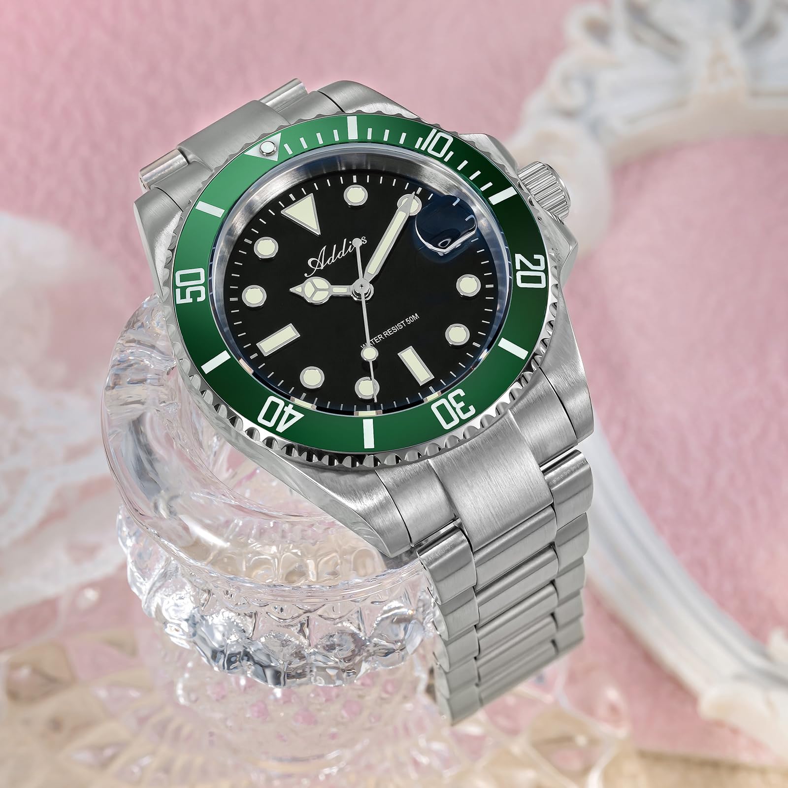 addies Orologio da donna da 36 mm, in argento, resistente all'acqua fino a 50 m, display analogico con data BGW, orologio delicato luminoso per le donne