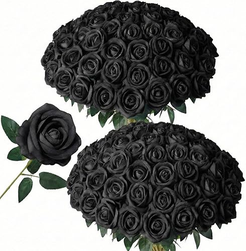 52 rosas artificiales negras a granel, flores artificiales falsas, ramo de novia de seda con tallos para decoración de flores de boda, día de San