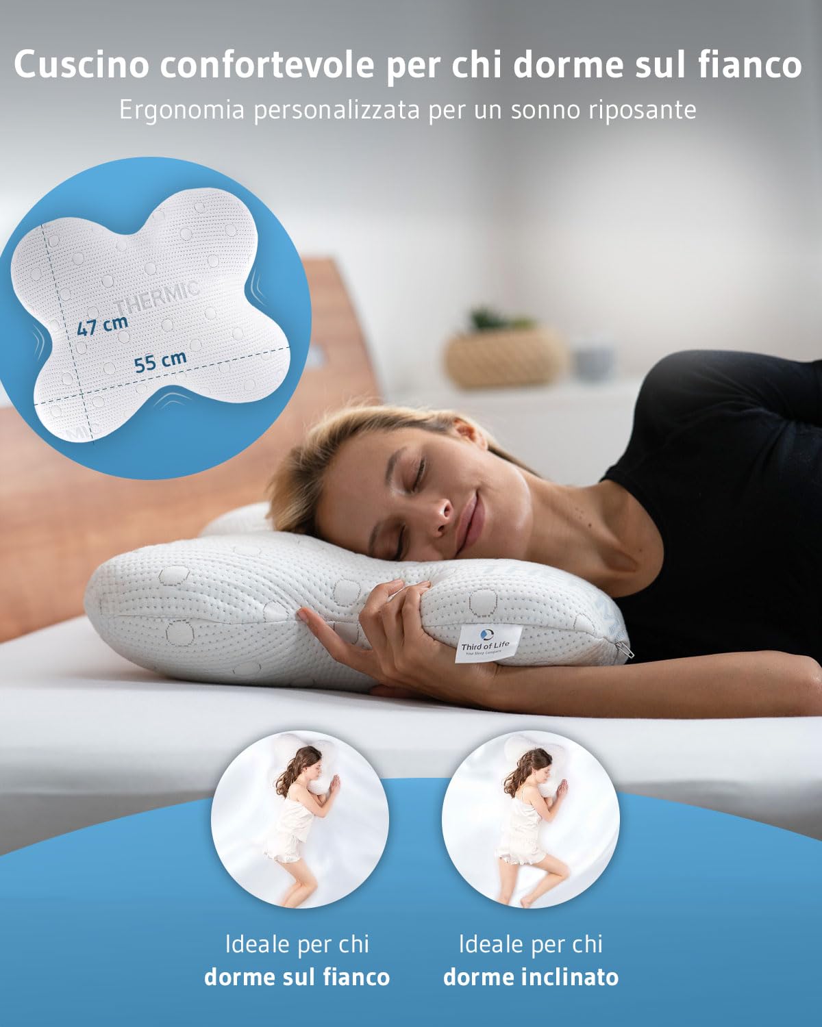 Third of Life Cuscino in Memory Foam ACAMAR, Cuscino cervicale ergonomico e ortopedico, Schiuma viscoelastica, Ideale per dormire sul fianco o inclinati, Federa con termoregolazione, 55x47x12cm