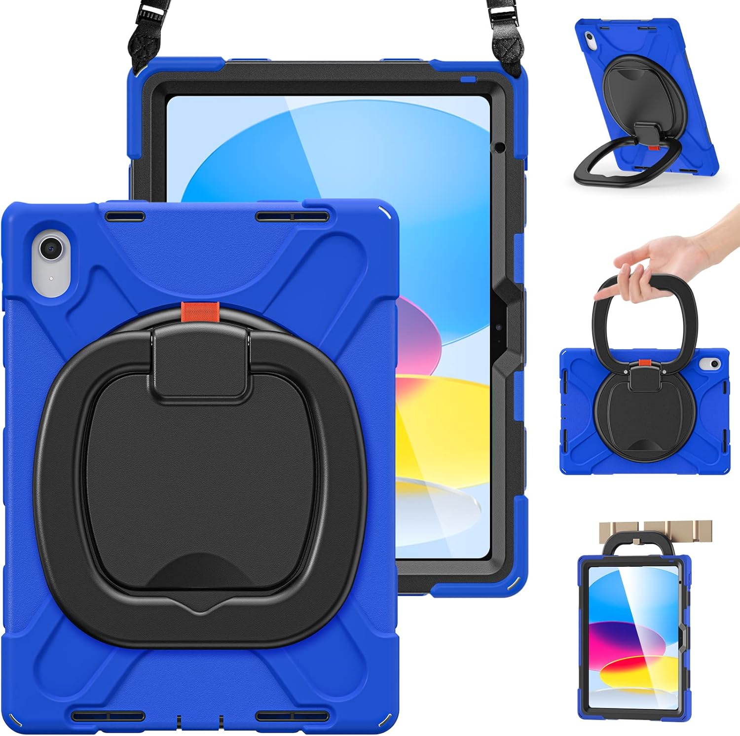 BRAECN Case for iPad (A16) 11th/10th Generation 11”/10.9'' 2025/2022-Rugged Silicone Cover for iPad 10th Gen w/Pencil Holder/Swivel Ring Stand/Screen Protector/Stable Kickstand/Shoulder Strap, Blue