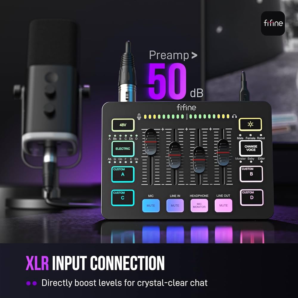 FIFINE Gaming Audio Mixer, Streaming 4-Channel RGB Mixer with XLR
