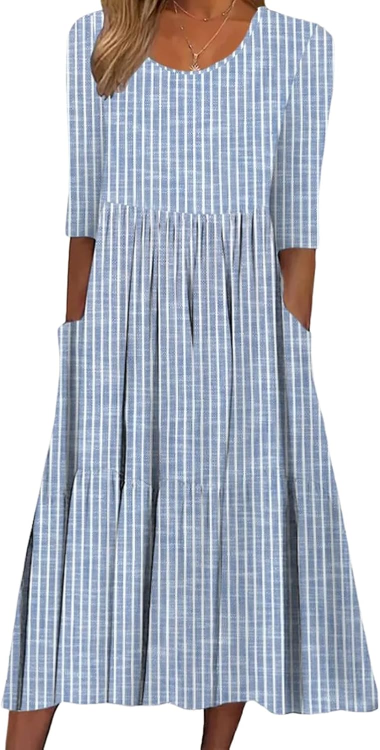 Women Summer Dresses Blue Striped 3/4 Sleeve Midi Dress with Side Pockets Casual Pleated Round Neck Dress