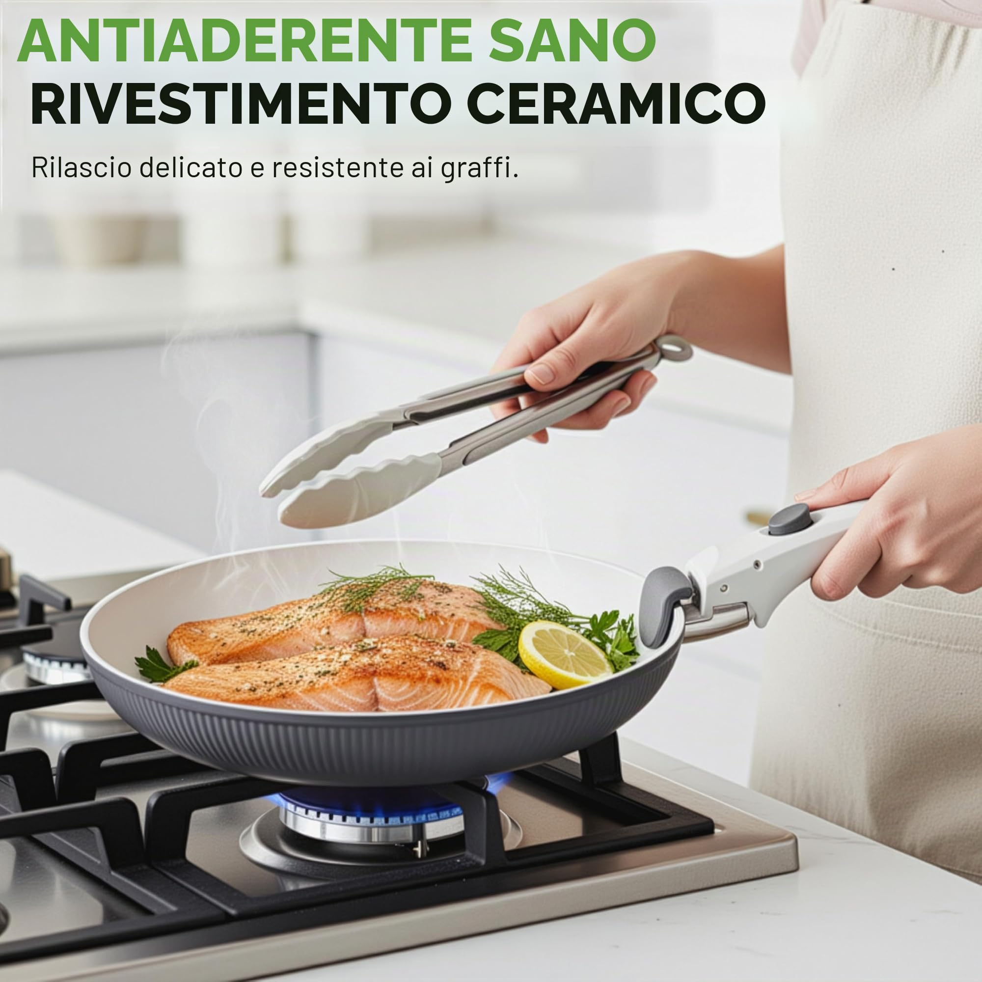 NutriChef Set Pentole e Padelle in Ceramica 18 Pezzi con Manici Removibili, Antiaderenti senza PTFE, Design Salvaspazio, per Forno e Piano Cottura, Verde