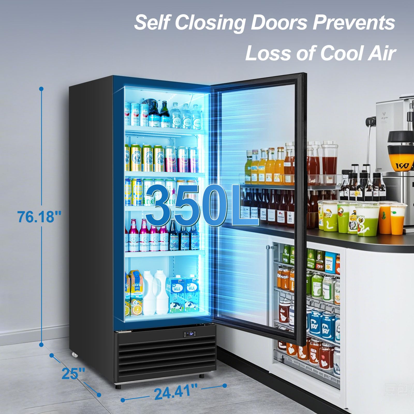 Tylza Commercial Refrigerator With Glass Door Display Beverage Fridge, 350l Upright Beverage Cooler Merchandiser With Rebound Door, Fast Cooling, Low Noise, Black on Fridge.com - View 5