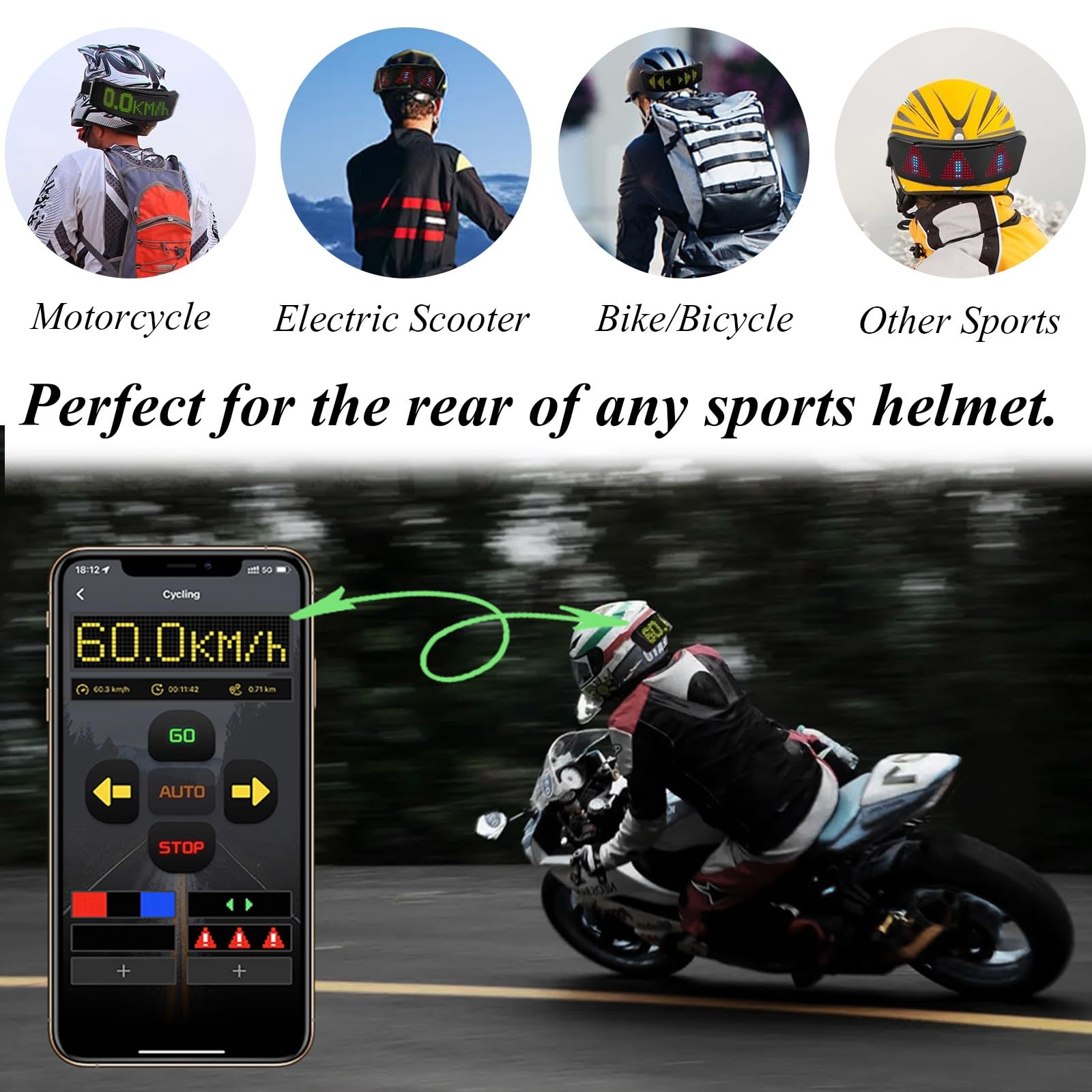 Faro da bicicletta intelligente ricaricabile tramite USB con display a LED per casco da bicicletta, fanale posteriore con indicatori di direzione, tachimetro, controllo Bluetooth, luce posteriore