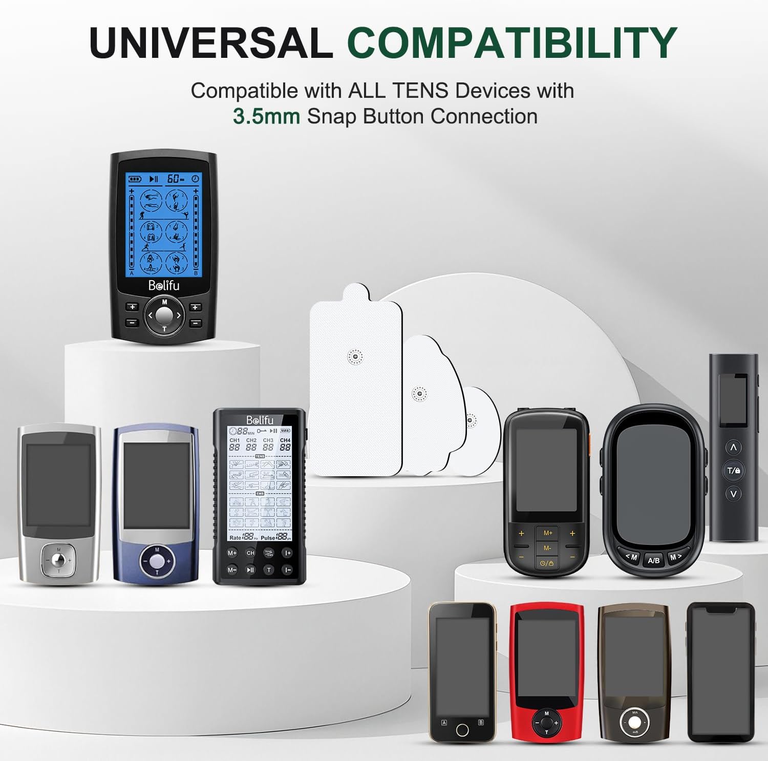 Belifu TENS Unit Electrode Pads Reusable Self-Adhesive Replacement Massage Pads Latex Free, Standard Connection Snap on 3.5mm Cable for Tens EMS Massager