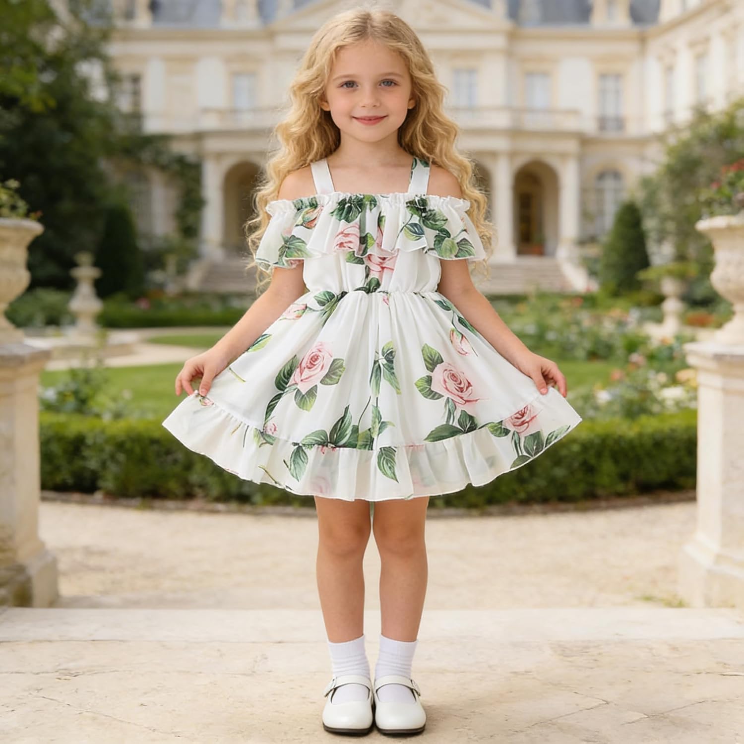 AGQT Toddler Girls Summer Off Shoulder Floral Dress Boho Princess Chiffon Ruffle Sundress for Beach Wedding Vacation 1-8T - Image 3