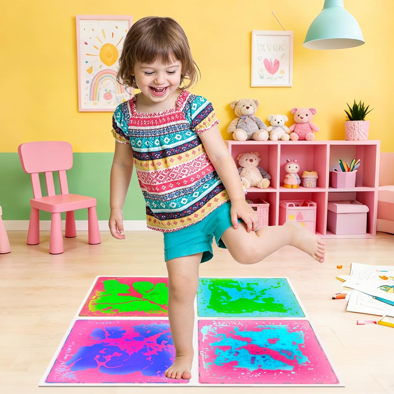 Sensory Liquid Floor Tiles for Kids: Liquid Fusion Activity Mat 4 Pack with One-Piece Glue-Free Sealing - Autism Toddler Must Haves Educational Sensory Water Play Mats Indoor（12x12inch）