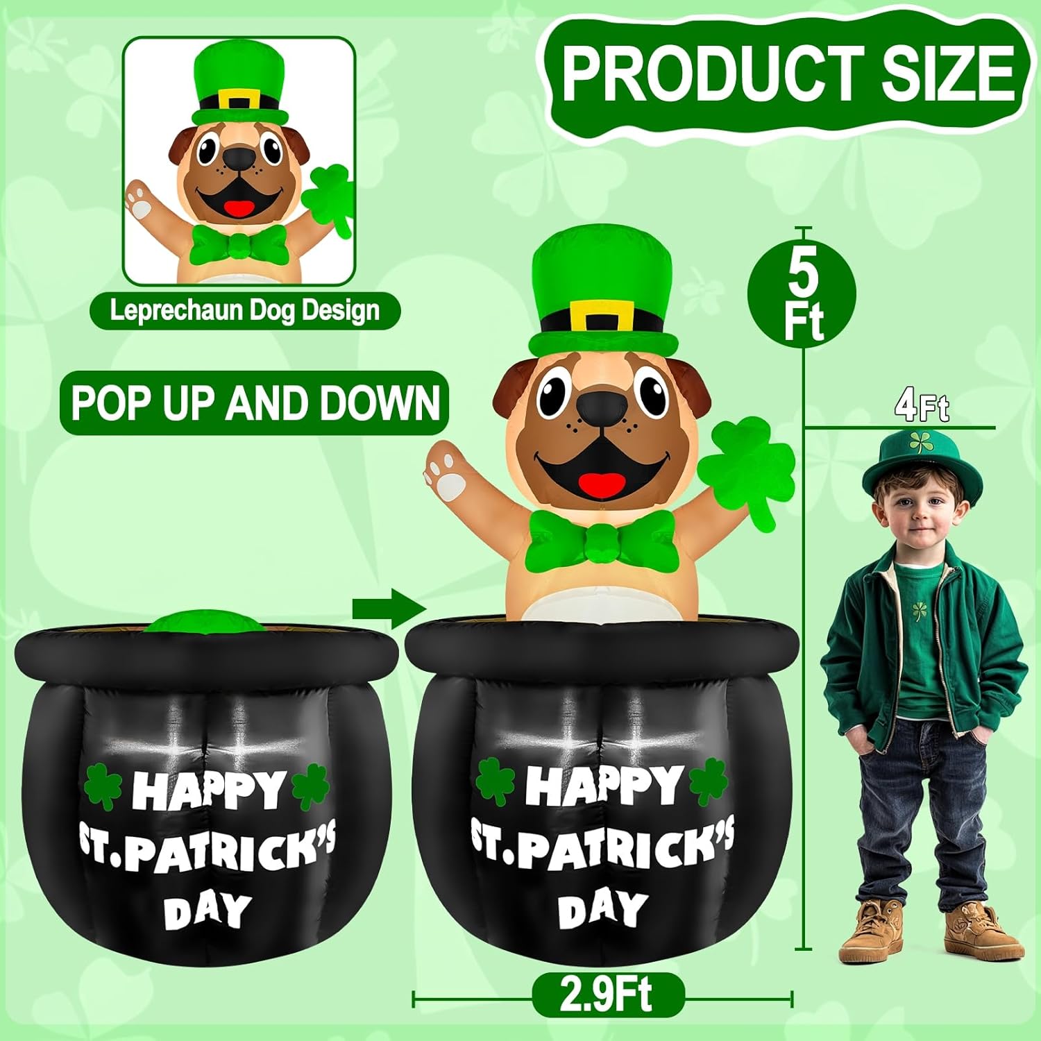 5 Ft Animated St Patricks Day Inflatables Outdoor Decoration Blow Up Bulldog Holding Lucky Shamrock in Pot of Gold Built-in LED Lights St Patrick's Decor for Party Home Lawn Patio Yard Garden 5 Ft Animated St Patricks Bulldog